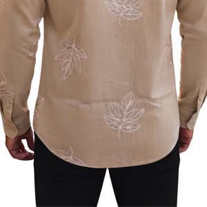 Camisa de Manga Larga para Hombre con Estampado de Hojas Beige y Blanco, Cierre de Botones, Corte Ajustado, Estilo Casual para Fiestas de Verano y Uso Diario Elegante - Product Image 6