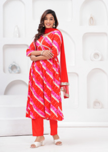 Conjunto de Kurta, Pantalón y Dupatta Estampado Rojo para Mujer |   Kurti Étnico con Cuello en V Recto y Dupatta de Diseño - Product Image 6