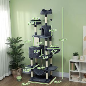 Albero per gatti grigio da 81 pollici con posti per grattare, cucce, letti, amache, palline giocattolo e corda per gatti - Product Image 3