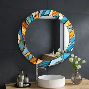 Espejo Redondo de Lujo con Mosaico Azul Turquesa y Marco Artístico de Vidrio Amarillo Ámbar, Espejo Decorativo Moderno para Baño - Product Image 3