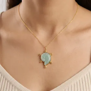 Pendentif Coquillage Sculpté en Laiton Plaqué Or Massif Orthodoxe Anti-ternissement, avec Pierres Précieuses Naturelles Labradorite et Amazonite, Style Vintage pour Anniversaire - Product Image 2