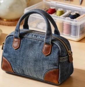 Full Custom Denim Zipper <b>Tote</b> <b>Bag</b> Embroidered Front Design Bottom Gusset Leather-look Handles for Custom Conference Exhibition - Product Image 4