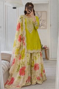 Costume élégant en faux georgette crème brodé avec pantalon palazzo et dupatta |   Ensemble prêt-à-porter pour les occasions spéciales - Product Image 2