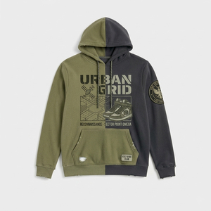Urban Grid Hoodie Shorts <b>Set</b> Men's Street Style Cotton French Terry Printed Two-Tone Olive Black Autumn Wear - Product Image 3