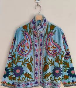 Wholesale Factory Custom <b>Women</b> Heavy Thread Embroidery Light Blue <b>Velvet</b> Jacket Casual Open Front Stand Collar Short <b>Coat</b> OEM - Product Image 4