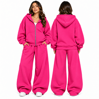 Ensemble survêtement rose à capuche pour femme, pantalon large et sweat-shirt oversize zippé, deux pièces, tenue décontractée streetwear