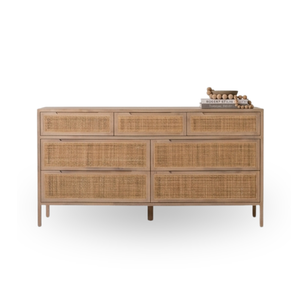Commode en bois de style scandinave à 6 tiroirs avec panneau en rotin, meuble de rangement autoportant pour chambre à coucher - Product Image 1