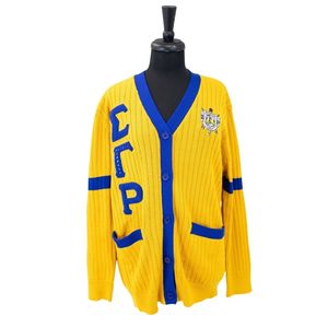 เสื้อคาร์ดิแกนไหมพรมสีทองแบบสั่งทำพิเศษของ Sigma Gamma Rho ติดกระดุมด้านหน้า แขนยาว แฟชั่นลำลอง สวมทับเป็นเลเยอร์ได้ สวยสง่า เหมาะสำหรับเป็นชุดทีม - Product Image 1
