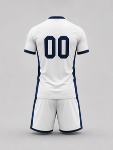 Ensemble d'uniformes de football personnalisés pour hommes, blanc et bleu marine, col en V, manches courtes, polyester respirant, logo personnalisé de haute qualité, élastique - Product Image 3