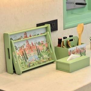 Bandeja Decorativa Rectangular con Diseño Bohemio Escénico, Marco Verde y Asa para Decoración del Hogar - Product Image 6