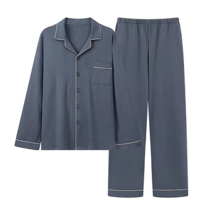 Conjunto de Pijamas de Algodón Negro para Hombre, Manga Larga, Color Sólido, Cuello Camisero con Bolsillos, Ropa de Dormir Informal para Otoño - Product Image 2
