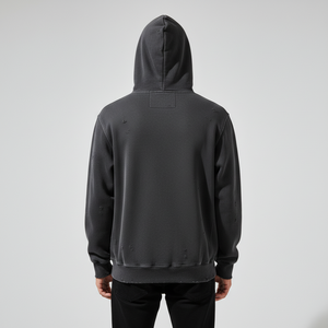 เสื้อฮู้ดดี้สตรีทแวร์สไตล์วินเทจ ทรงโอเวอร์ไซส์ ผ้าฝ้ายฟอกสี ดีไซน์ขาดๆ แบบสองชั้น ชายเสื้อแบบดิบ ฮิปฮอป พิมพ์ลาย สำหรับผู้ชาย รับผลิตแบบ OEM - Product Image 4