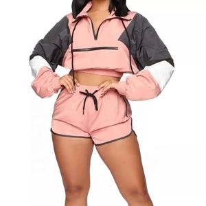 Chaqueta corta con cremallera frontal para mujer, pantalones cortos con cordón de cintura elástica, con bloqueo de Color, chándal de 2 piezas Se, 2022 - Product Image 4