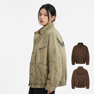 Veste en toile lavée pour homme, col montant, broderie ailes au dos, vêtement d'extérieur décontracté en coton pour l'automne - Product Image 4