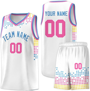 Ensemble de maillots de basket-ball blancs personnalisés avec un design à pois rose, bleu et jaune, impression par sublimation, polyester respirant, adulte - Product Image 1
