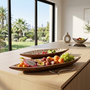 Juego de bandejas decorativas de madera con forma de barco, incrustaciones de nácar, plato dorado para frutas, adorno para el hogar, artículo de exhibición para mesa. - Product Image 2