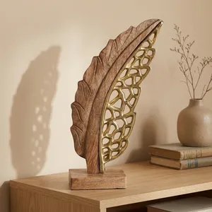 Décoration de table en forme de feuille métallique avec base en bois, sculpture décorative en forme de feuille pour la maison, le bureau, le salon, centre de table - Product Image 5