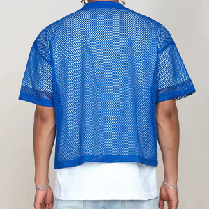 Camiseta de Manga Corta con Cuello Redondo para Hombre, Azul, de Malla, Corte Holgado, Informal, Tejida, Transpirable, de Color Sólido, Largo Regular, Spandex/Algodón - Product Image 5