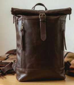 Rugged Men Genuine <b>Leather</b> Roll Top <b>Backpack</b> Full Grain Cowhide <b>Leather</b> Hiking Rucksack Vintage Travel Bag LRTB-0114C - Product Image 1