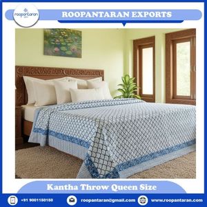 Hand Block Printed Cotton Sanganer Queen Size Kantha <b>Throws</b> <b>Large</b> Width Handmade Indian Quilt Traditional Bedding Homes Decor - Product Image 2
