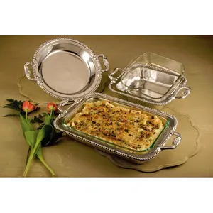 Plat de service carré en métal poli avec couvercle en verre, bord perlé et poignées latérales pour table de buffet - Product Image 3