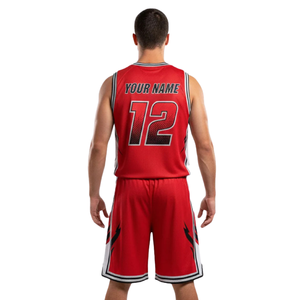 Conjunto de uniforme de baloncesto para hombre, camiseta y pantalones cortos, cuello redondo, sin mangas, dobladillo a rayas, diseño lateral en contraste, nombre impreso, número, kit de equipo - Product Image 2