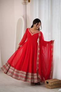 Traje Anarkali Rojo Bordado Hasta el Suelo con Dupatta, Vestido de Boda Tradicional Indio Pakistaní para Mujer, Corte Holgado, Poliéster - Product Image 2