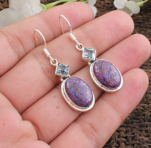 Boucles d'oreilles pendantes artisanales en cuivre violet et turquoise, en argent 925, bijoux spirituels, matrice de cuivre unique, cadeau pour elle - Product Image 3
