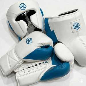 Hot Selling OEM ODM White Blue Custom Boxing Set Genuine Cowhide Leather Boxing Gloves <b>Head</b> Guard Groin Protector Wholesale - Product Image 1