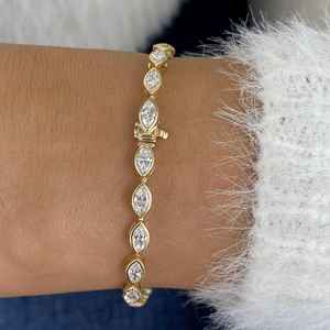 Pulsera de tenis con diamantes cultivados en laboratorio, corte marquesa, engastados en bisel, oro macizo de 14K, para mujer, joyería fina de lujo, regalo sorpresa para amantes - Product Image 1