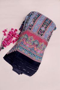 Tissu imprimé à rayures florales noires avec bordure décorative pour la confection de robes Kurti, tissu pour vêtements ethniques. - Product Image 6