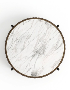 Table basse moderne Nara, plateau rond en marbre, base en bois cannelé et pieds en métal noir, pour salon de luxe, hall d'hôtel - Product Image 2