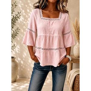 Blusa Peplum de Alta Calidad con Encaje Multicolor para Mujer, Cuello Cuadrado, Manga Campana, Algodón, Estilo Boho, Informal, para Verano, Precio al por Mayor - Product Image 5