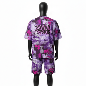 ชุดเสื้อยืดและกางเกงขาสั้นผู้ชาย ผ้าโพลีเอสเตอร์คุณภาพสูง ระบายอากาศได้ดี สีม่วงชมพู พิมพ์ลายทั่วตัว รับสกรีนโลโก้ - Product Image 2