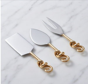 Ensemble de 3 couteaux à fromage modernes en acier inoxydable avec manches à nœuds dorés, spatule et fourchette, pour usage en cuisine - Product Image 1