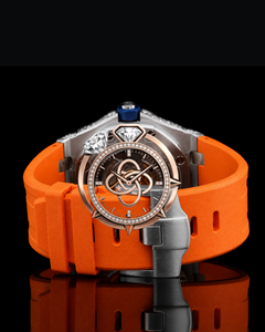 Reloj de Lujo para Hombre con Diamantes, Caja de Oro Rosa, Correa de Silicona Naranja, Movimiento Mecánico Analógico, 43 mm, Estilo Completamente Cubierto de Diamantes - Product Image 4