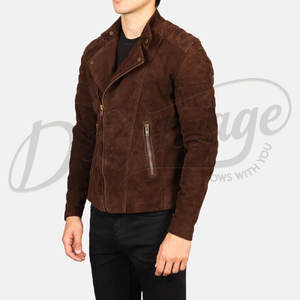 Chaqueta de cuero de gamuza marrón oscuro para hombre, estilo motero, corte ajustado, con hombros acolchados, cremallera asimétrica, para motocicleta. - Product Image 5