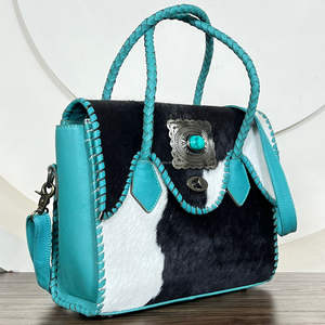 Premium Real Hair On Cowhide Genuine <b>Leather</b> Turquoise Concho Designer Totebag Women Shoulder & Crossbody Handbag For Daily Use - Product Image 4