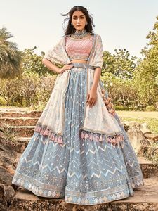 Elegant Sage Green Modal Formal <b>Lehenga</b> Choli Embroidery Net Dupatta Wedding Occasion <b>Women</b> Traditional Indian/Pakistani Wear - Product Image 6