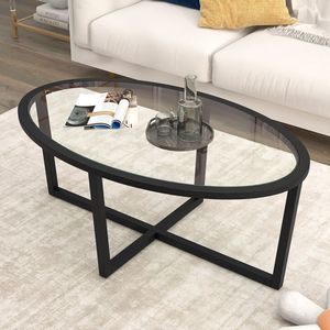 Gambe ovali in legno di Acacia con Base a croce 1PC tavolino in vetro per soggiorno - Product Image 4