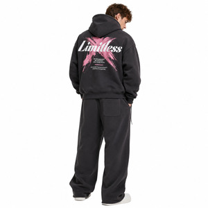 Sweat-shirt à capuche oversize noir et rose délavé avec motif brossé, en coton épais personnalisé, coupe ample unisexe, style jogger, fabrication usine - Product Image 1