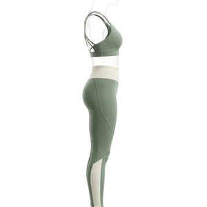 Women's Green Yoga Set 2 Piece <b>Racerback</b> Sports <b>Bra</b> High Waist Full Length Leggings Spandex Polyester Contrast Stitch - Product Image 3
