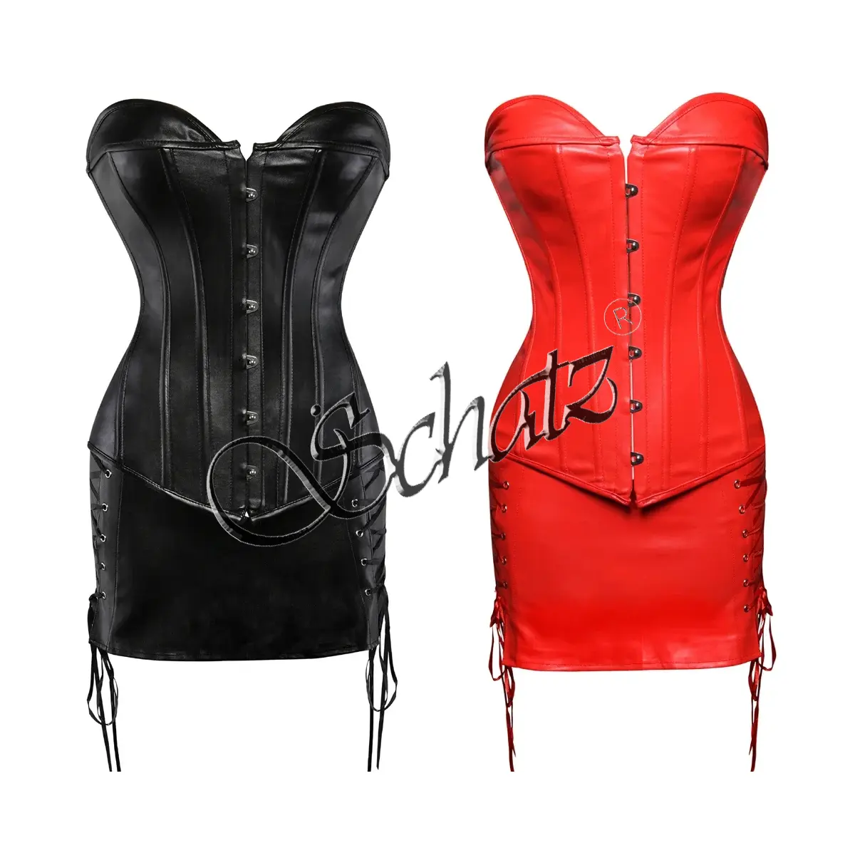 Korset kulit imitasi setelan rok Mini korset Gotik Steampunk untuk wanita hari Valentines Bustier Rockabilly pakaian ukuran Plus