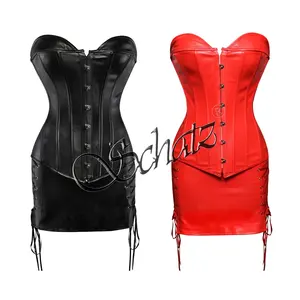 Faux Leather Corset Steampunk Gothic Corsets Mini Skirt Set for Women Valentines Day Bustier Rockabilly Party Plus Size Outfits