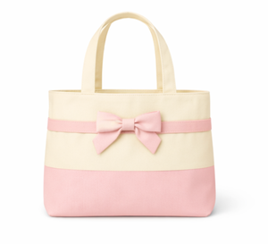 Bolsa de Mano de Lona a Rayas Rosa y Crema Ecológica Premium con Lazo Rosa, Tamaño Mediano, para Compras, Estilo Bonito, Uso Diario - Product Image 1