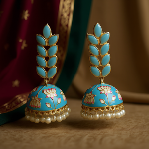 Boucles d'oreilles Jhumka florales de qualité supérieure JeweleMarket avec perles, boucles d'oreilles pendantes tendance - Product Image 3