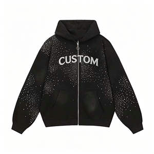 Sudadera con capucha negra personalizada con cremallera y estampado de puntos para ropa urbana - Product Image 1