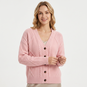 Cárdigan de punto rosa con cuello en V para mujer, manga larga, cierre de botones, estilo casual para otoño, 100% acrílico, grosor estándar, Bangladesh Front - Product Image 3