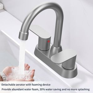 Rubinetto per lavabo a 2 maniglie in nichel spazzolato High-Arc da 4 pollici con beccuccio girevole a 360° per bagni di camper - Product Image 6