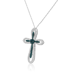 Collar con Colgante de Cruz, Plata de Ley 925, Diamantes Blancos y Azules, Corte Redondo, Bañado en Rodio, Cadena de Serpiente, Estilo Religioso - Product Image 3